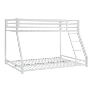 Ovi 78 Inch Twin over Full Bunk Bed, Ladder, Ground Level Bed, White Metal