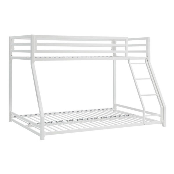 Ovi 78 Inch Twin over Full Bunk Bed, Ladder, Ground Level Bed, White Metal