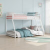 Ovi 78 Inch Twin over Full Bunk Bed, Ladder, Ground Level Bed, White Metal