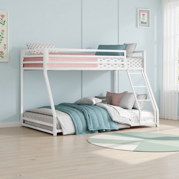 Ovi 78 Inch Twin over Full Bunk Bed, Ladder, Ground Level Bed, White Metal