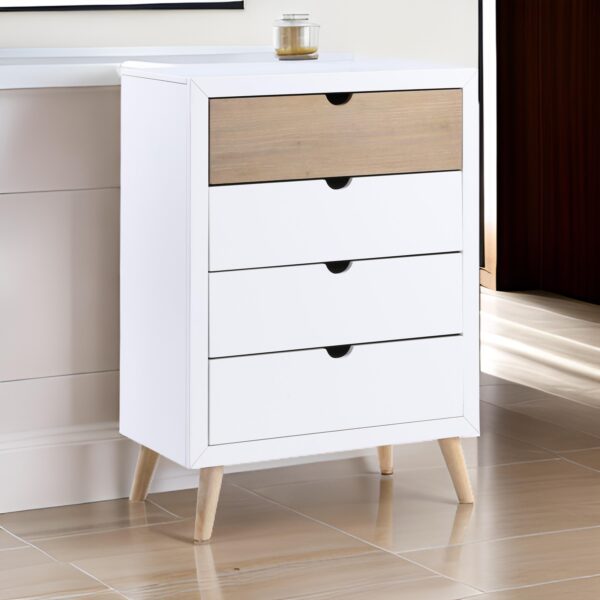 Kara 40 Inch Kids Tall Dresser Chest, 4 Drawers, Open Handles, White, Brown