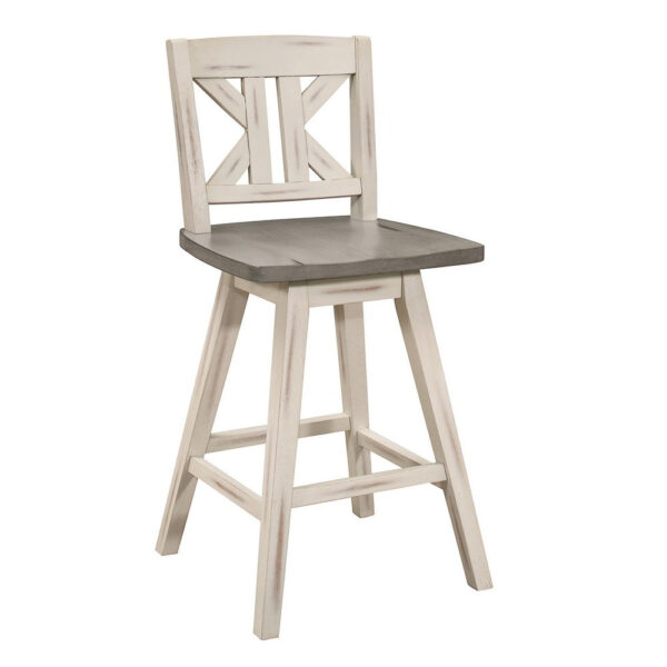 Ati 29 Inch Bar Height Stool Swivel Chairs Set of 2, Divided X Back, Gray, White