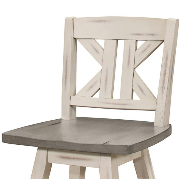 Ati 29 Inch Bar Height Stool Swivel Chairs Set of 2, Divided X Back, Gray, White