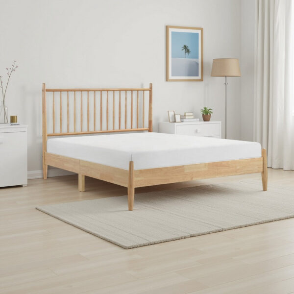 Lika Full Platform Bed, Vertical Slatted Headboard, Natural Brown Wood