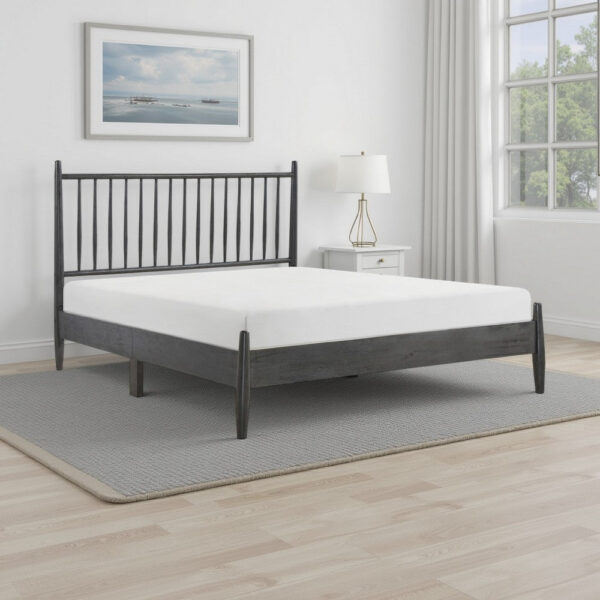 Lika Full Platform Bed, Vertical Slatted Headboard, Charcoal Gray Wood