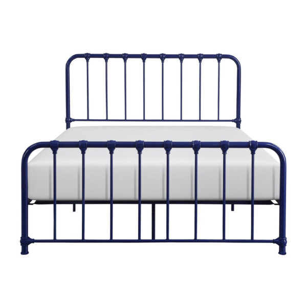 Ethan Full Size Metal Bed, Blue Spindle Design, Heavy Duty Slat Support