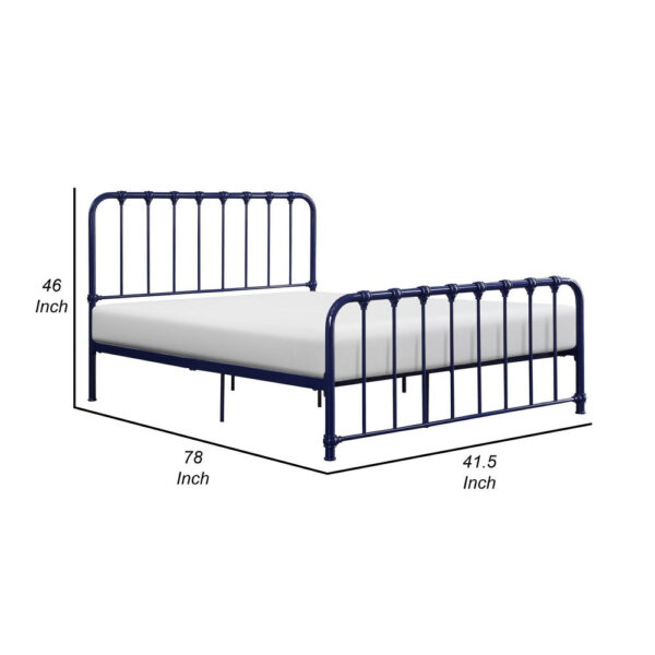 Ethan Twin Size Metal Bed, Blue Spindle Design, Heavy Duty Slat Support
