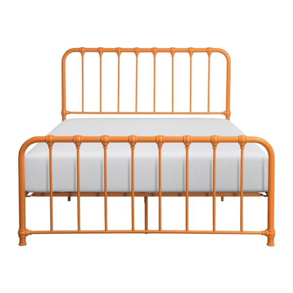 Ethan Twin Size Metal Bed, Orange Spindle Design, Heavy Duty Slat Support