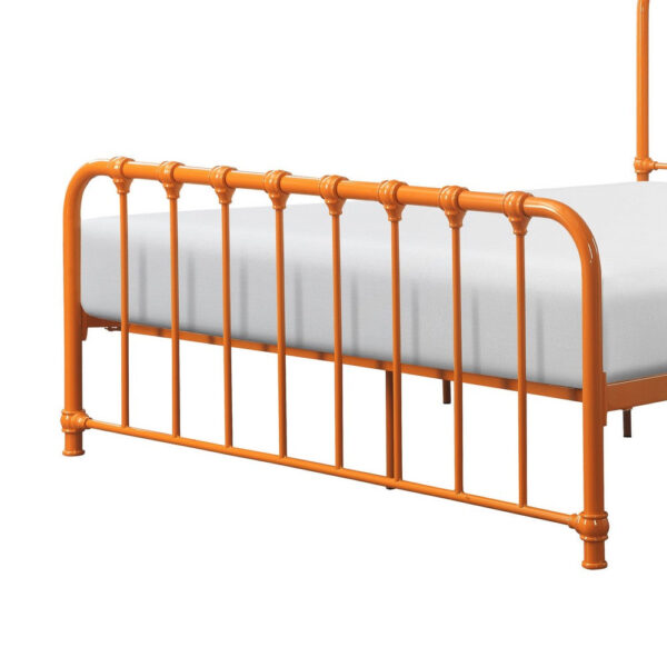 Ethan Twin Size Metal Bed, Orange Spindle Design, Heavy Duty Slat Support