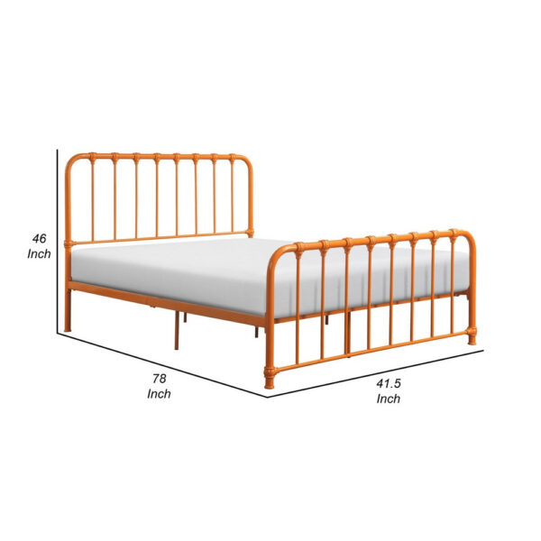 Ethan Twin Size Metal Bed, Orange Spindle Design, Heavy Duty Slat Support