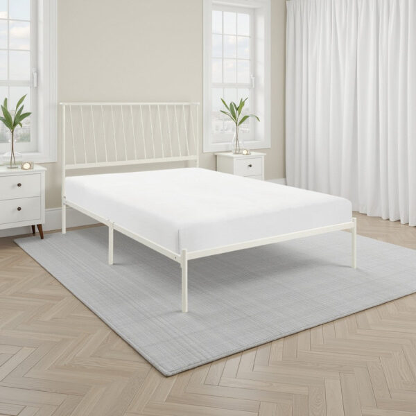 Angie King Size Platform Metal Bed, Subtly Angled Slats on Headboard, White