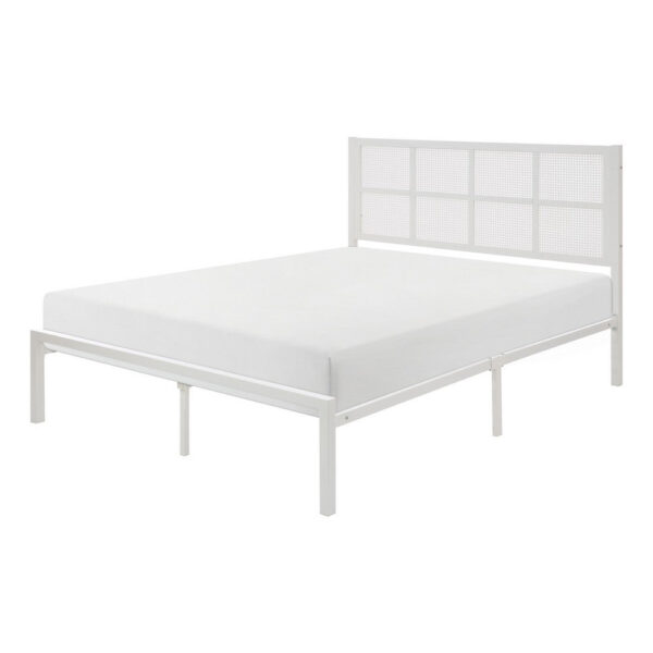 Annie Twin Platform Metal Bed, White Faux Cane Panel Headboard, Low Profile