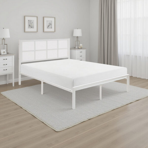 Annie Twin Platform Metal Bed, White Faux Cane Panel Headboard, Low Profile