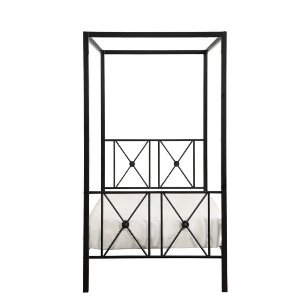 Lone Metal Canopy Bed Twin Size, Square Posts, Platform Base, Modern Black