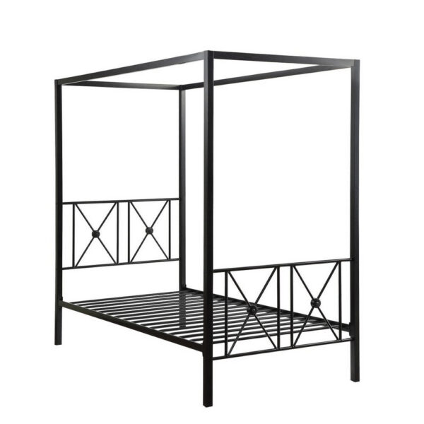 Lone Metal Canopy Bed Twin Size, Square Posts, Platform Base, Modern Black
