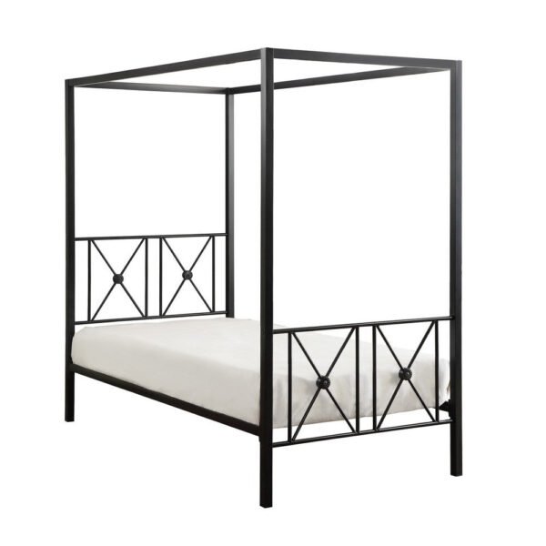 Lone Metal Canopy Bed Twin Size, Square Posts, Platform Base, Modern Black