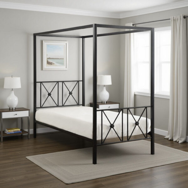 Lone Metal Canopy Bed Twin Size, Square Posts, Platform Base, Modern Black