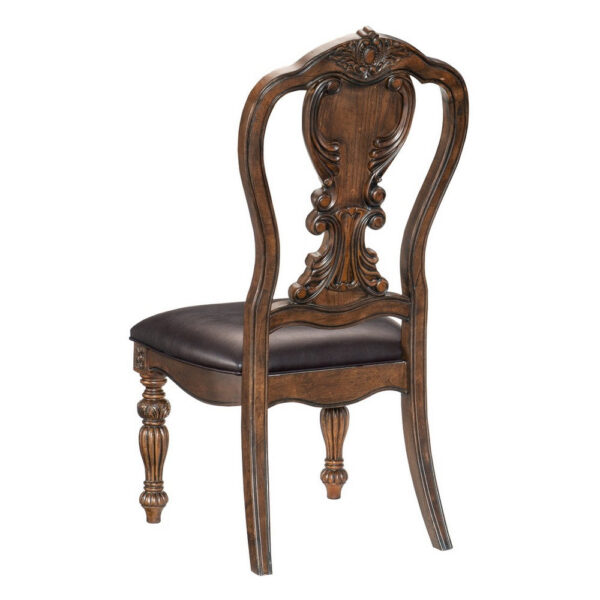 Devi 22 Inch Side Dining Chair Set of 2, Cutout Carved Back, Brown Faux Leather