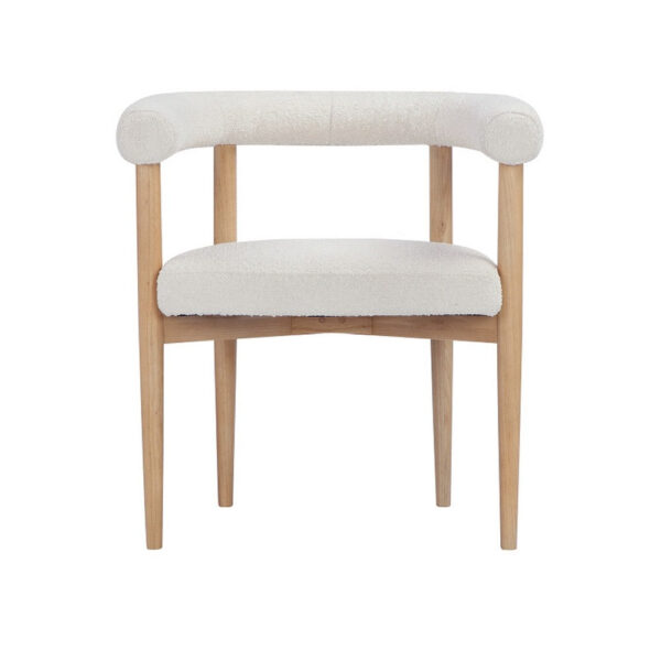 Lea 26 Inch Accent Armchair, Curve Wishbone Back, White Boucle, Brown