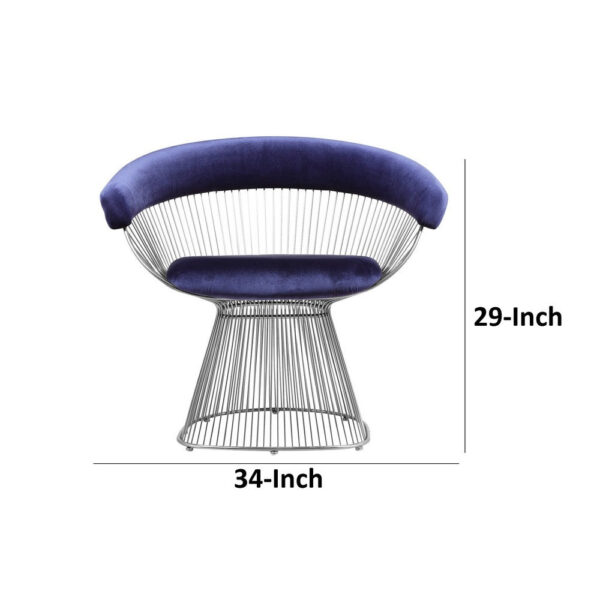 Mimi 27 Inch Accent Armchair, Plush Blue Velvet, Chrome Wire Cage Base
