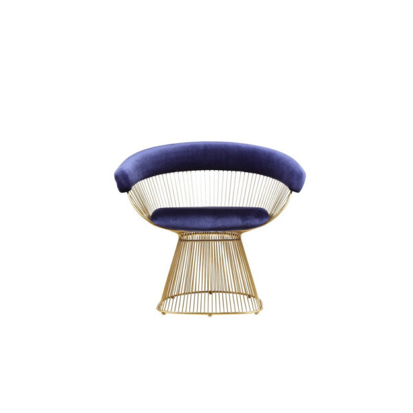 Mimi 27 Inch Accent Armchair, Navy Blue Velvet, Gold Steel Peacock Base