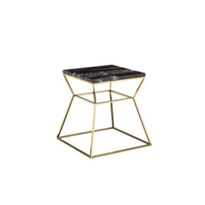 Lio 18 Inch Side End Table, Black Marble Top, Gold Open Hourglass Frame