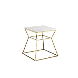 Lio 18 Inch Side End Table, White Marble Top, Gold Open Hourglass Frame