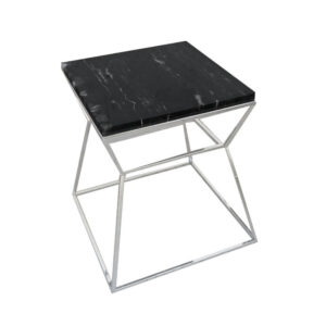 Lio 18 Inch Side End Table, Black Marble Top, Silver Open Hourglass Frame