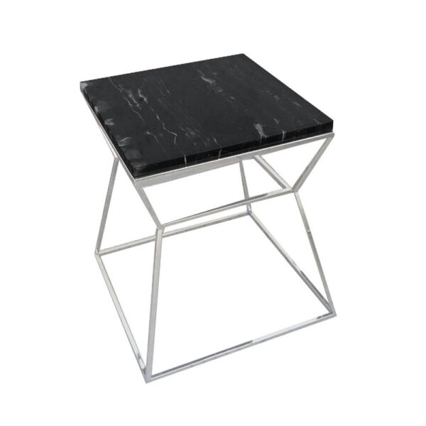 150220266991d9919a013.jpeg Lio 18 Inch Side End Table, Black Marble Top, Silver Open Hourglass Frame