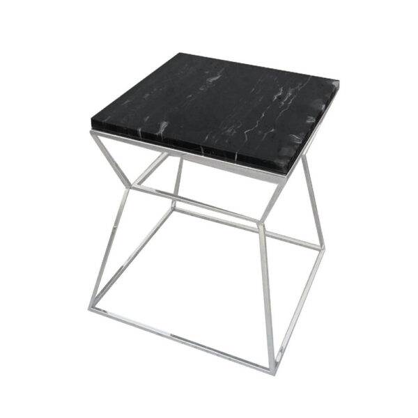 150220266991d99310c6d.jpeg Lio 18 Inch Side End Table, Black Marble Top, Silver Open Hourglass Frame