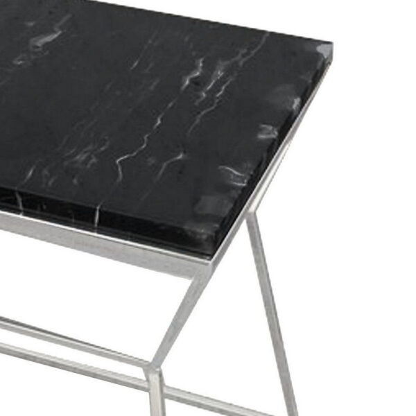150220266991d99493563.jpeg Lio 18 Inch Side End Table, Black Marble Top, Silver Open Hourglass Frame