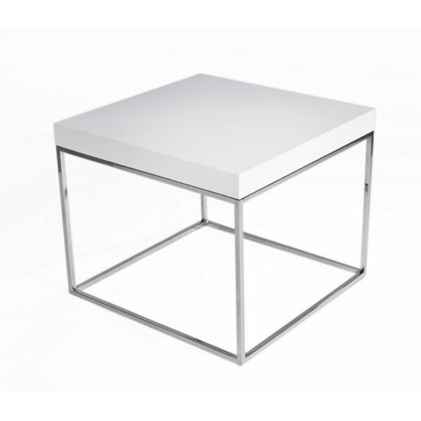 Zen 24 Inch Side End Table, Square, White Lacquer Top, Chrome Steel Frame