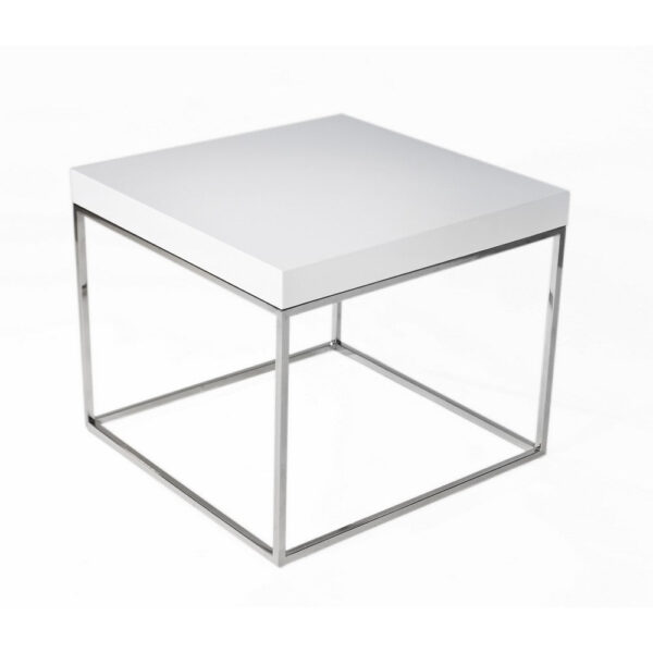 Zen 24 Inch Side End Table, Square, White Lacquer Top, Chrome Steel Frame