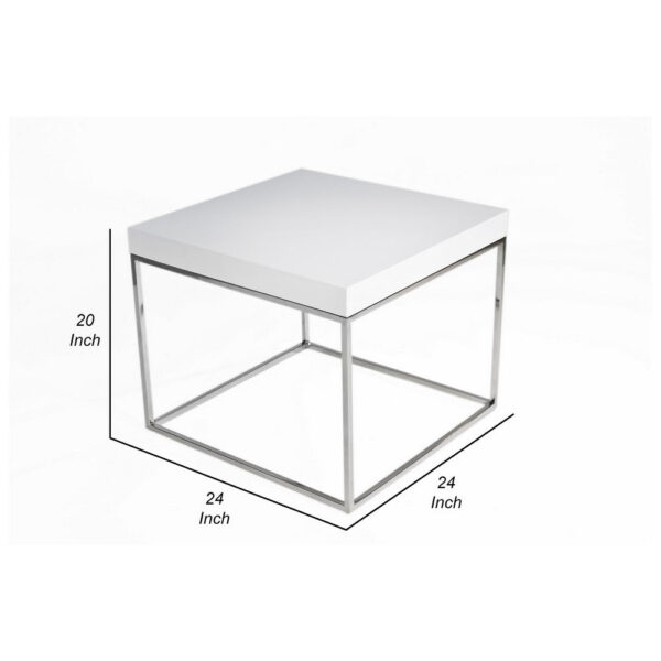 Zen 24 Inch Side End Table, Square, White Lacquer Top, Chrome Steel Frame