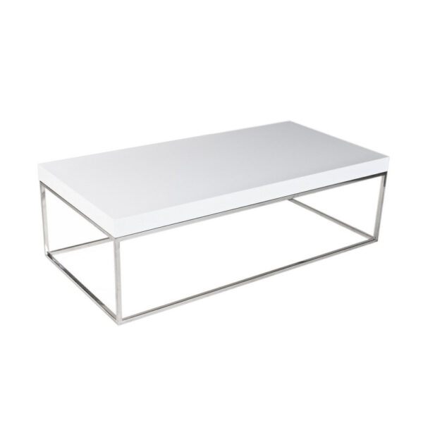 Zen 48 Inch Coffee Table, Rectangular White Lacquer Top, Chrome Steel Frame