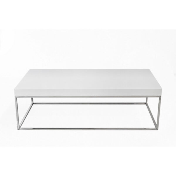 Zen 48 Inch Coffee Table, Rectangular White Lacquer Top, Chrome Steel Frame