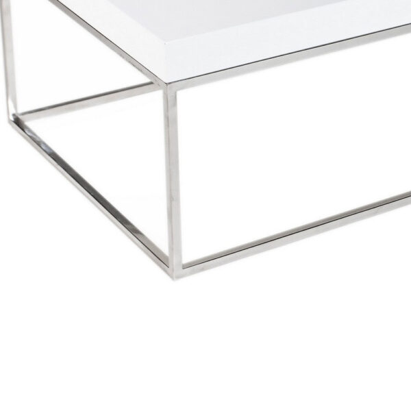 Zen 48 Inch Coffee Table, Rectangular White Lacquer Top, Chrome Steel Frame