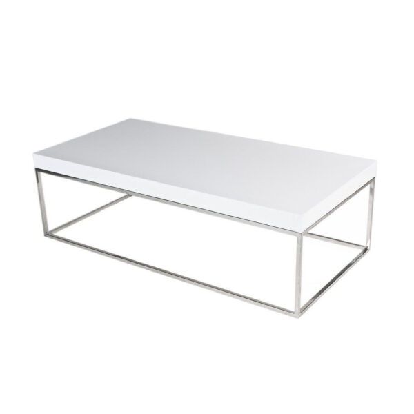 Zen 48 Inch Coffee Table, Rectangular White Lacquer Top, Chrome Steel Frame