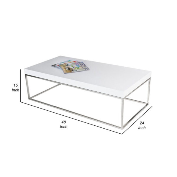 Zen 48 Inch Coffee Table, Rectangular White Lacquer Top, Chrome Steel Frame