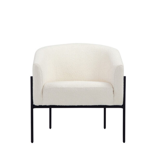 Mae 29 Inch Accent Armchair, Barrel, White Boucle Upholstery, Black Metal