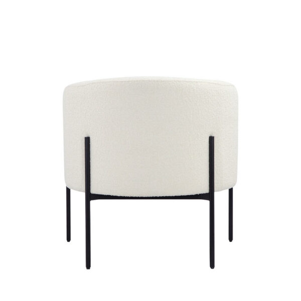 Mae 29 Inch Accent Armchair, Barrel, White Boucle Upholstery, Black Metal