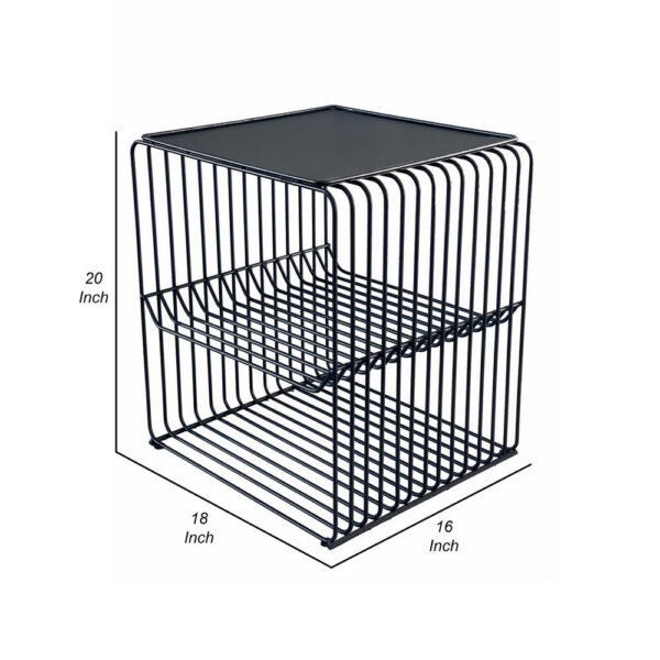 20 Inch Tall Side End Table, 2 Shelves, Square Top, Black Metal Wire Frame
