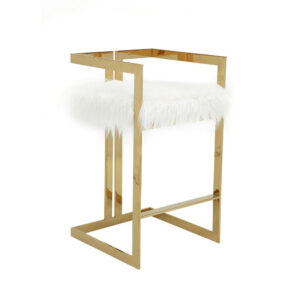 Suki 30 Inch Barstool Chair, White Faux Fur Seat, Stainless Steel, Gold