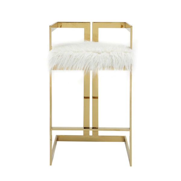 Suki 30 Inch Barstool Chair, White Faux Fur Seat, Stainless Steel, Gold