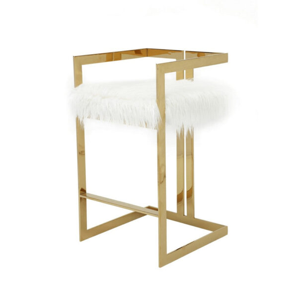 Suki 30 Inch Barstool Chair, White Faux Fur Seat, Stainless Steel, Gold