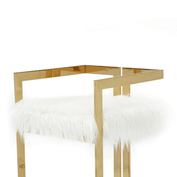 Suki 30 Inch Barstool Chair, White Faux Fur Seat, Stainless Steel, Gold
