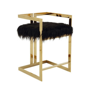 Suki 26 Inch Barstool Chair, Black Faux Fur Seat, Stainless Steel, Gold