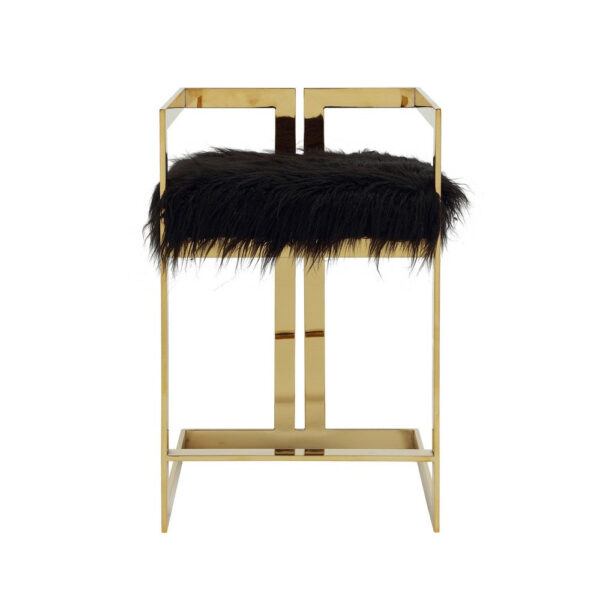 Suki 26 Inch Barstool Chair, Black Faux Fur Seat, Stainless Steel, Gold