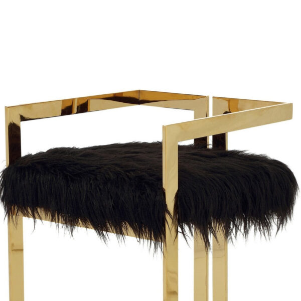 Suki 26 Inch Barstool Chair, Black Faux Fur Seat, Stainless Steel, Gold