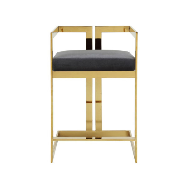 Suki 26 Inch Barstool Chair, Gray Velvet Seat, Stainless Steel, Gold Finish